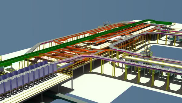 3D model of a complex cross-belt conveyor sorter with multi-level routing and structural supports, designed in CET