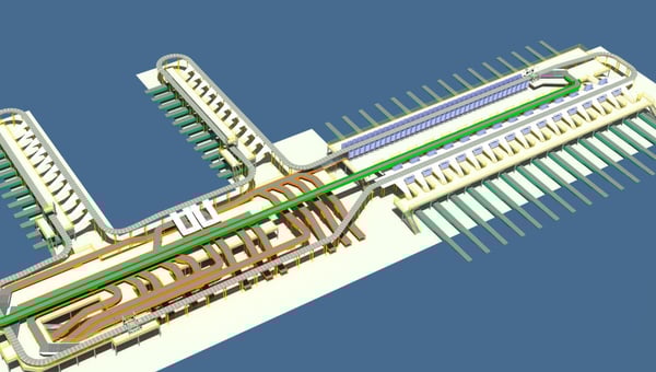 Top-down view of a multi-level conveyor layout showing elevation changes and interconnected conveyor paths