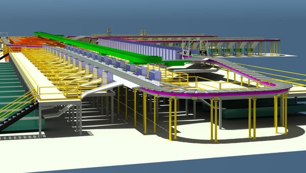 Close-up view of conveyor routing and structural elements within a multi-level material handling system