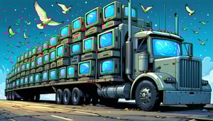 A flock of computers resembling a wild migration is being transported southward as if seeking warmer climates for the season These machines each humming with their own digital energy are carefully packed and loaded onto trucks their screens flickerin-1
