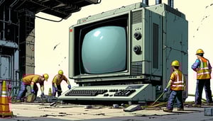 The image depicts a vintage computer with its bulky monitor and oversized hardware with a construction crew working on it-4