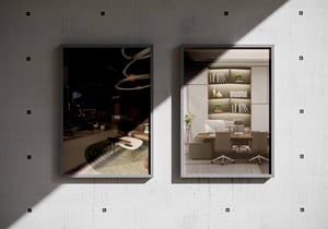 photos and renderings on wall