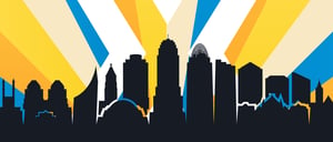 Cincinnati skyline silhouette illustration with radiating blue, orange, and yellow sunburst design in the background.